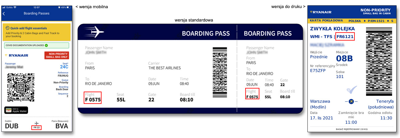 Karta pokładowa (boarding card) w wielu wersjach
